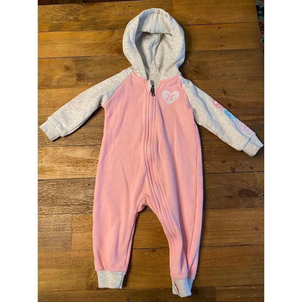 Hurley 12 month baby girl one piece outfit coveralls pink grey